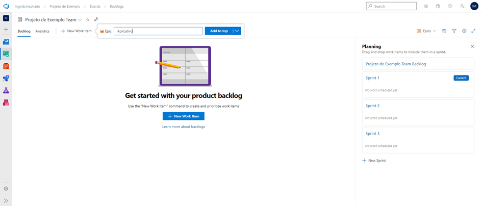 Tela do Product Backlog vazio
